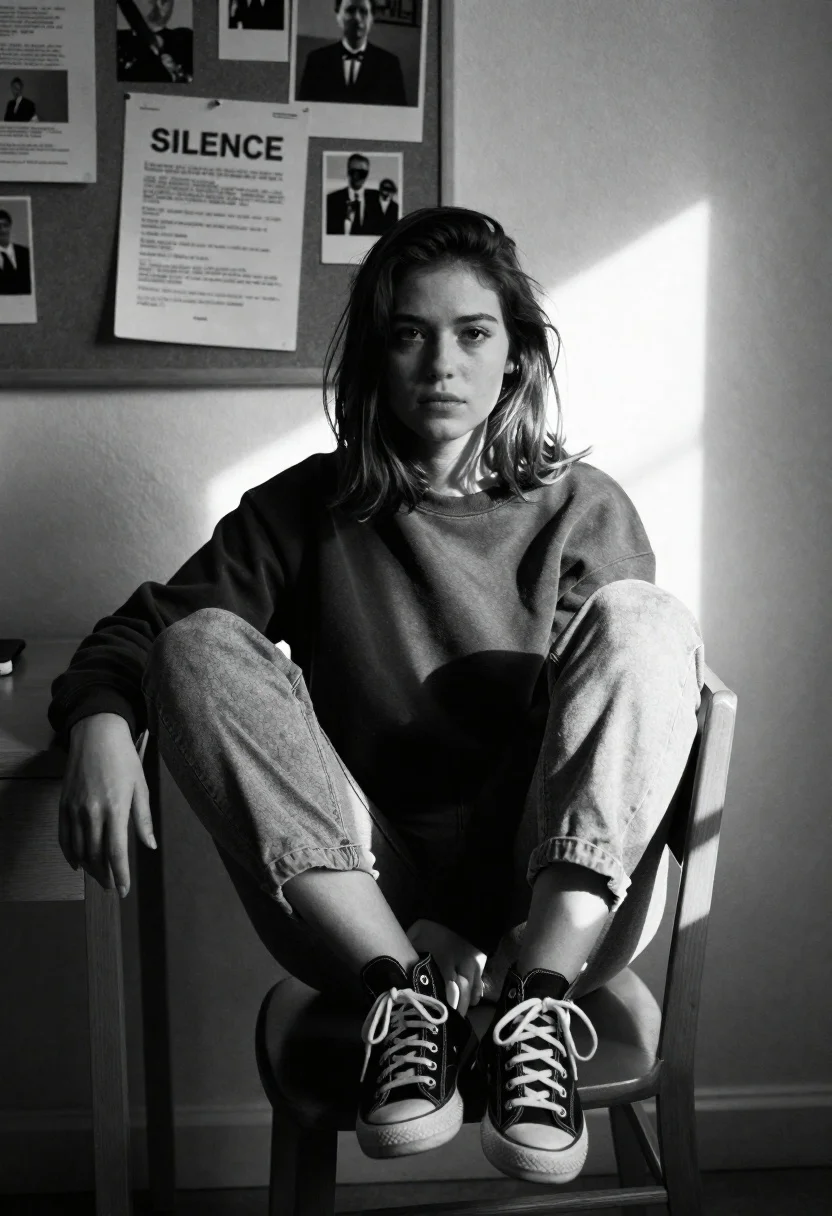 A young woman with shoulder-length hair sitting on a wooden chair, illuminated by strong beams of sunlight in a high-contrast monochrome portrait.