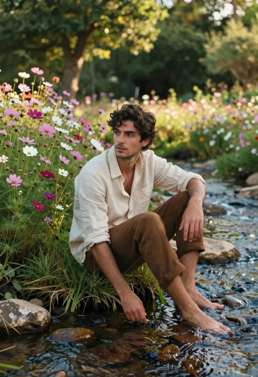 Young Man Sits Barefoot The Edge Gentle Stream Surrounded Vibrant