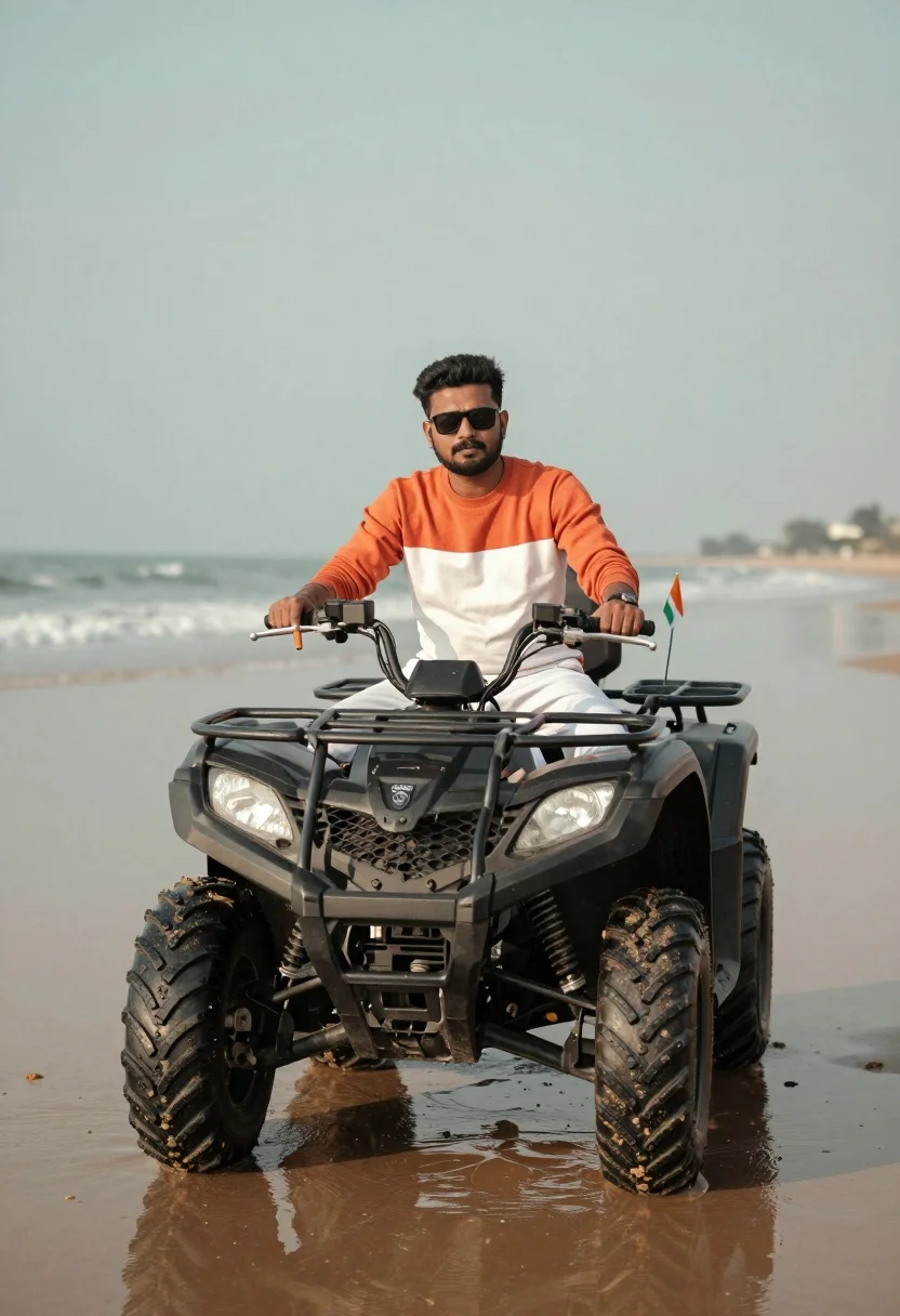Man Sits Confidently Four-wheeler Atv Parked Wet Sand Near The