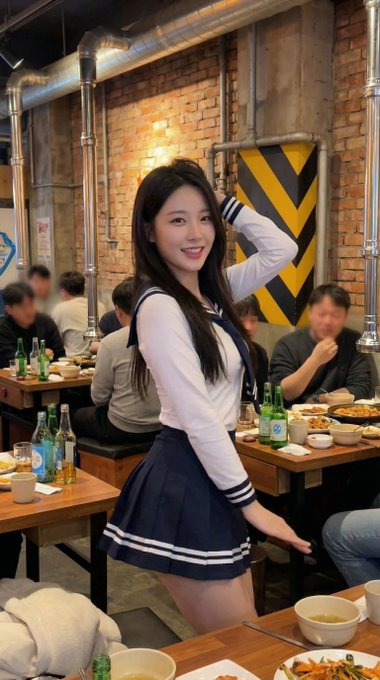 A person in a school uniform smiles warmly in a cozy restaurant with warm lighting and exposed brick walls.