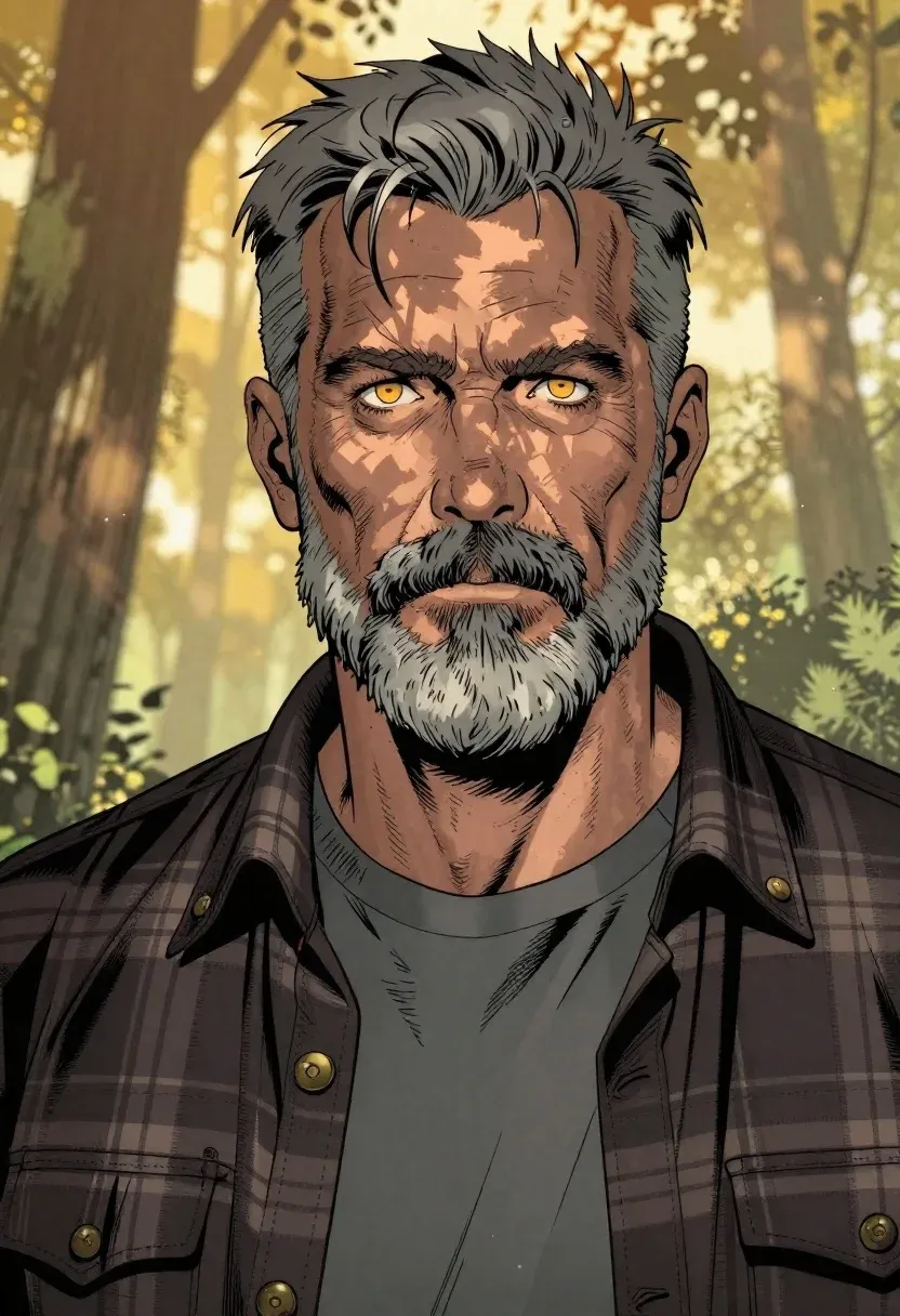 Portrait Weathered Middle-aged Man Standing Before Softly Blurred Forest Bathed