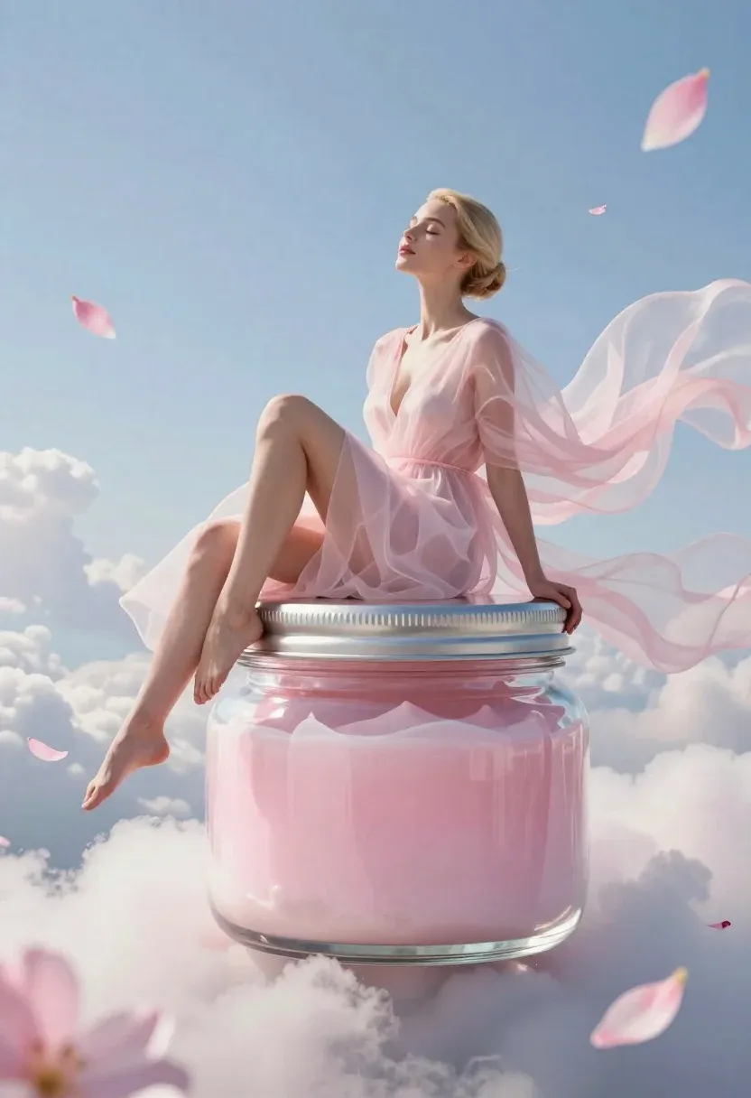 Serene Woman Sits Gracefully Atop Large Floating Glass Jar Filled
