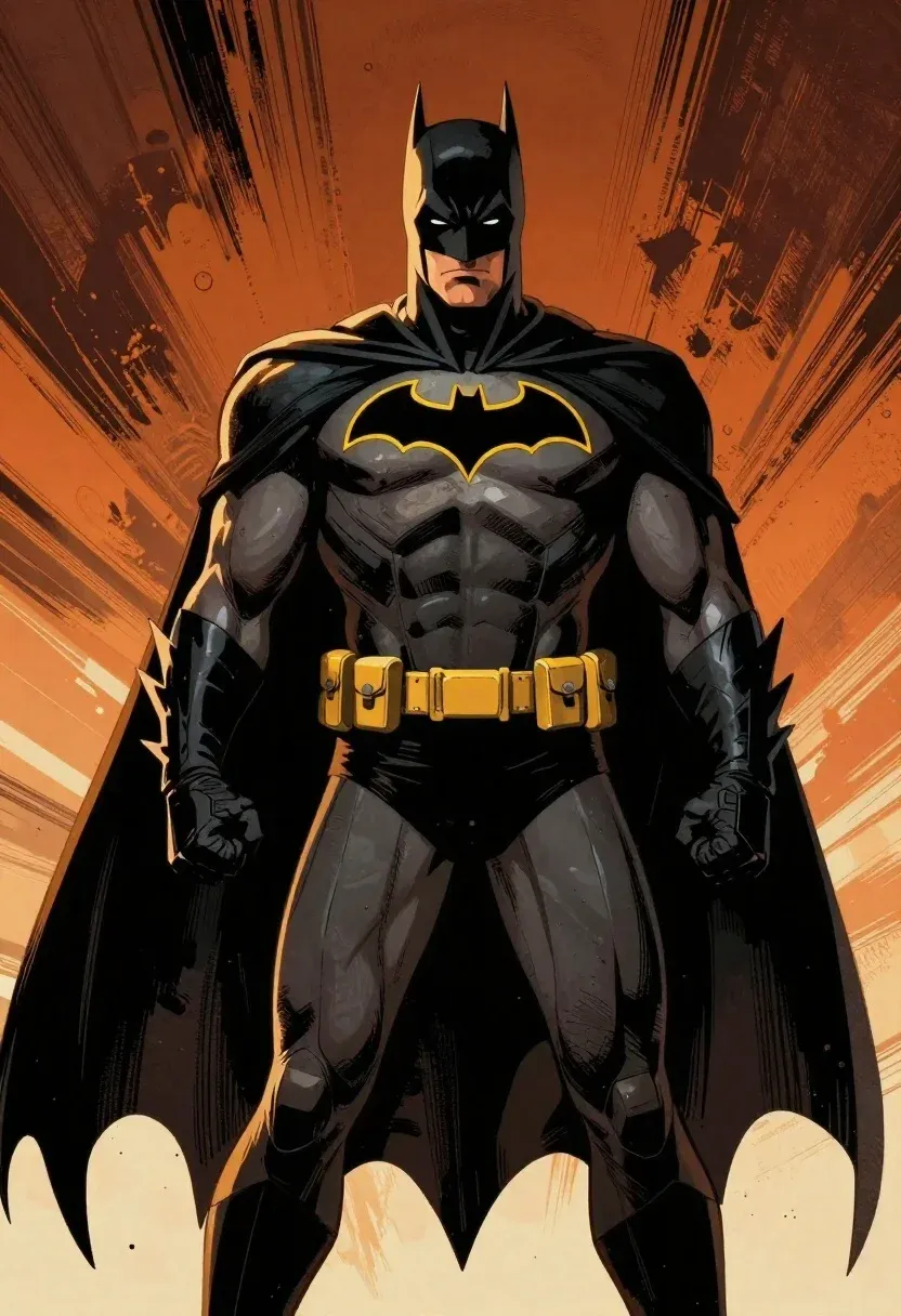 Heroic Medium Shot Batman Standing Powerfully Against Dramatic Background Subject