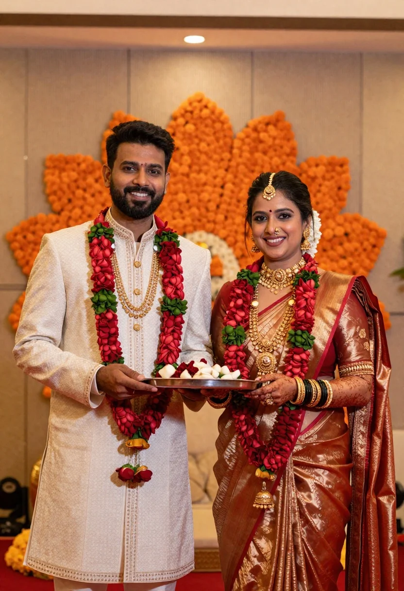 Smiling Couple Stands Side Side Traditional Indian Wedding Attire Holding reference photo