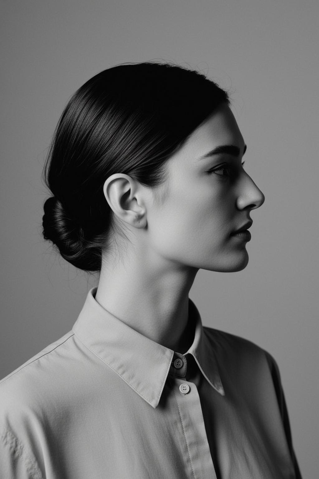 Photorealistic Black And White Medium Shot Portrait Young Woman Profile