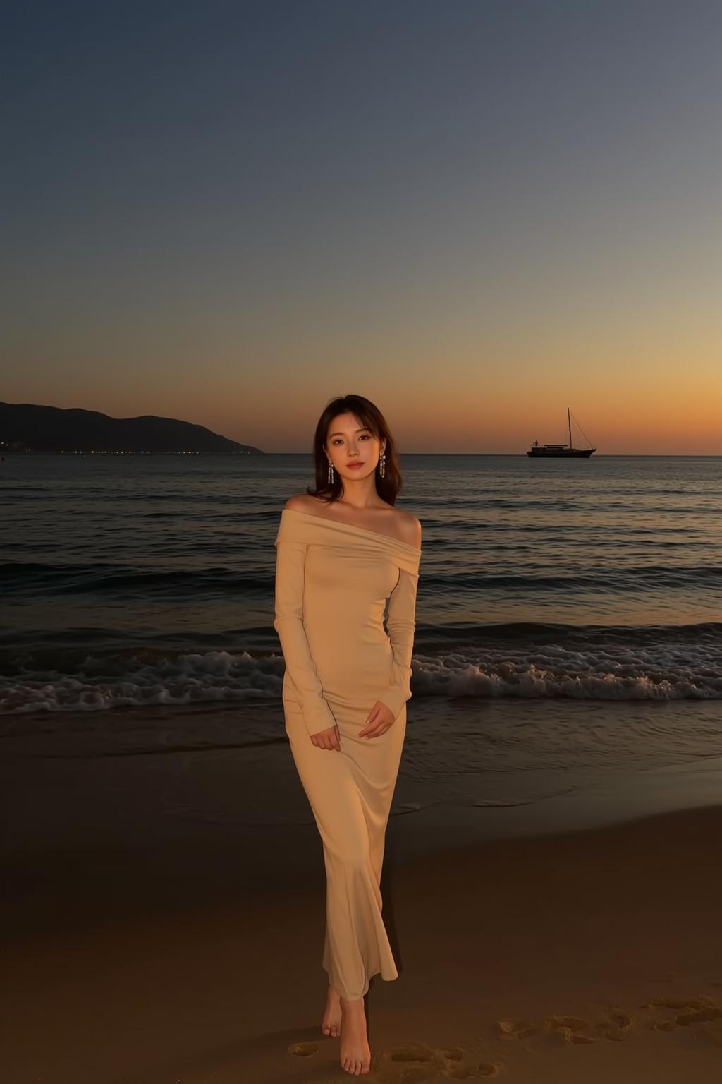 Beige Dress Beach Sunset