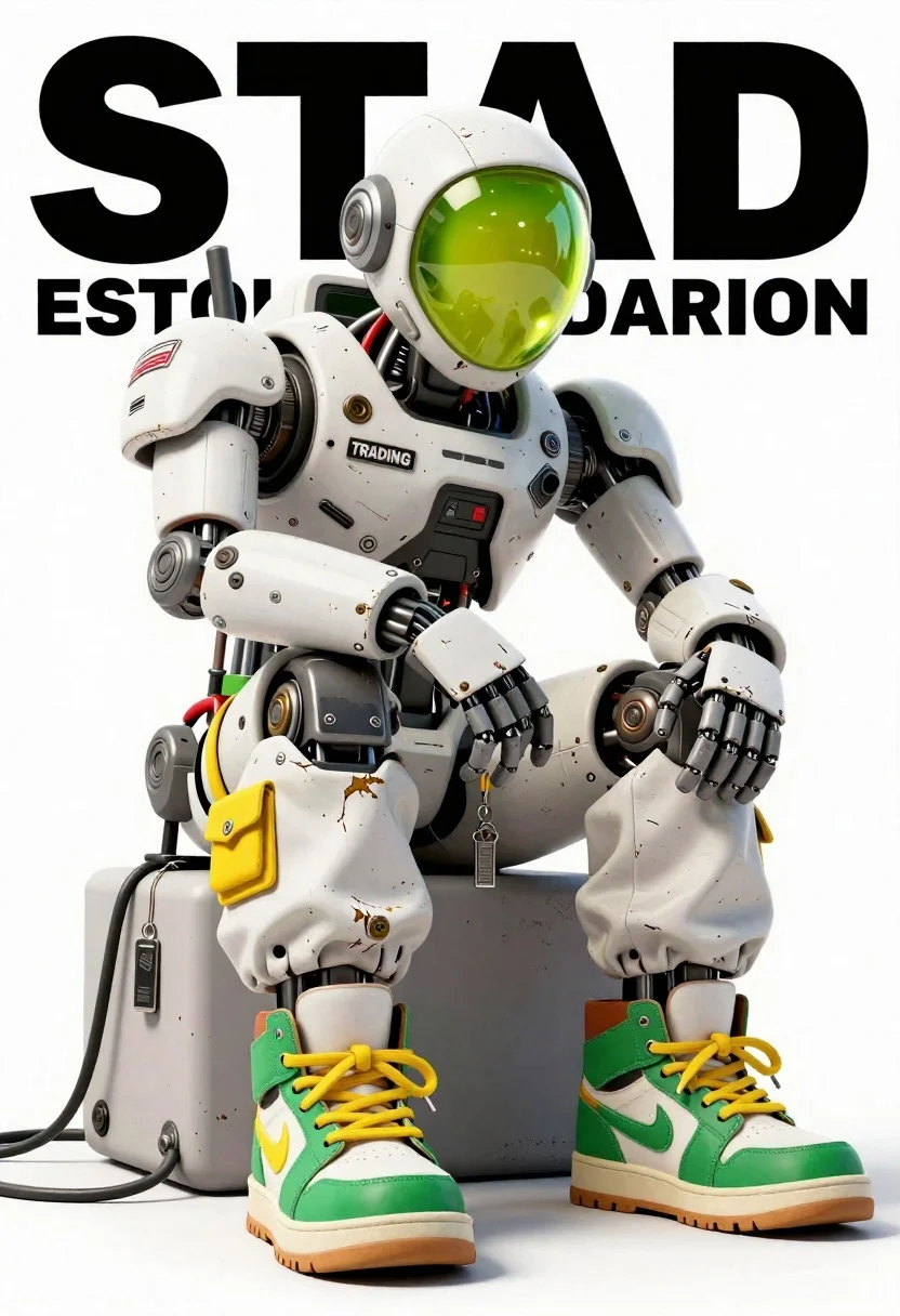 Subject Large Anthropomorphic Robot With Bulky White And Green Mechanical reference photo