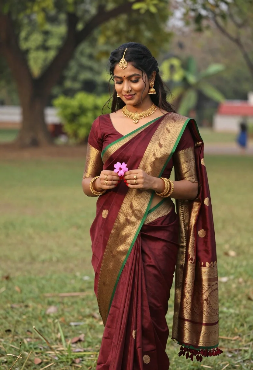 Woman Traditional Indian Attire Stands Outdoors Grassy Lawn With Blurred reference photo