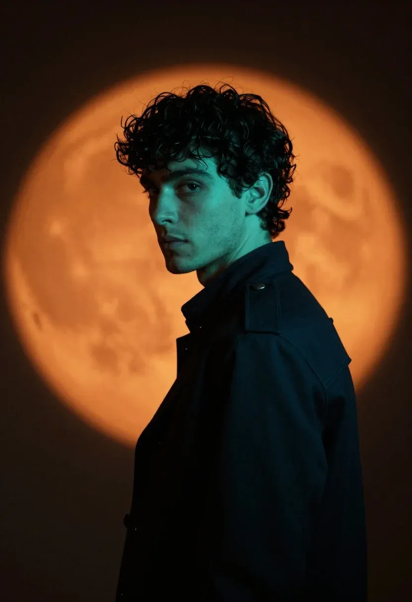 Young Man With Curly Dark Hair Stands Dramatic Profile Pose