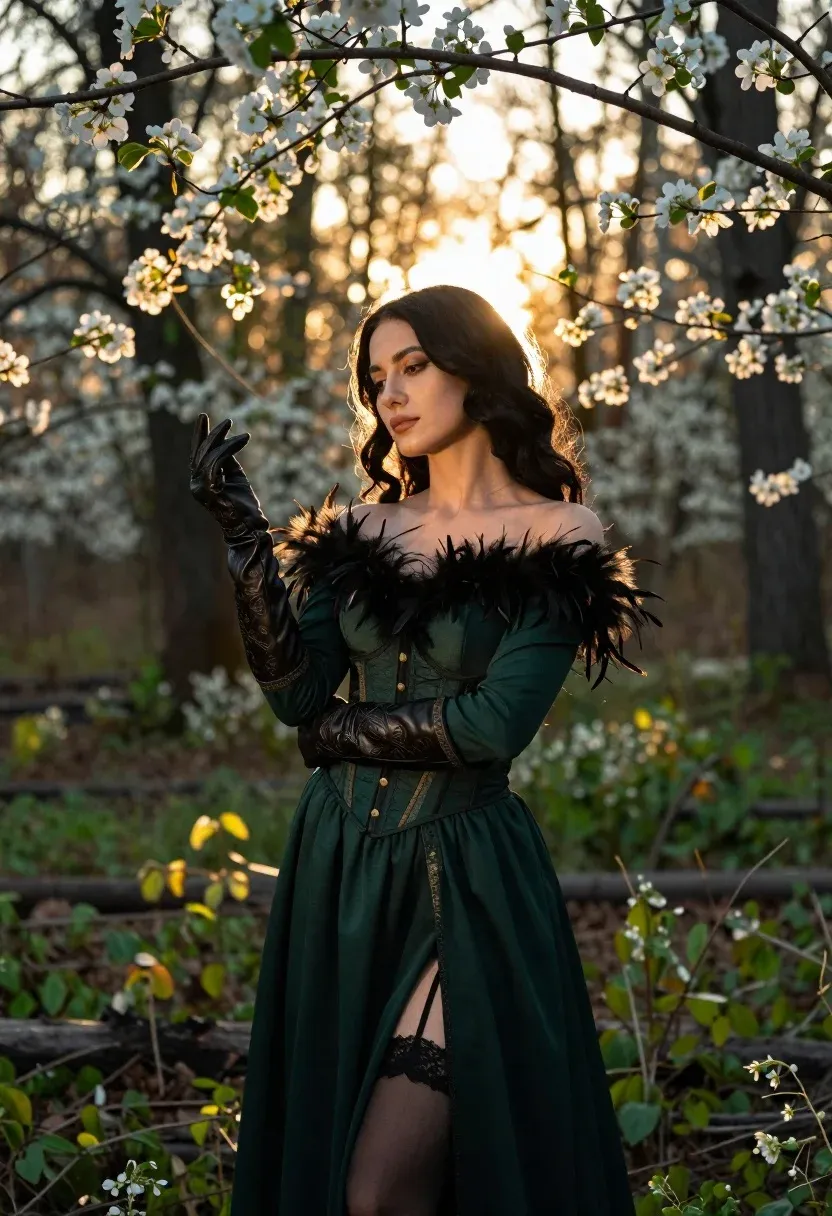 Woman With Long Dark Hair Stands Sunlit Forest Filled With