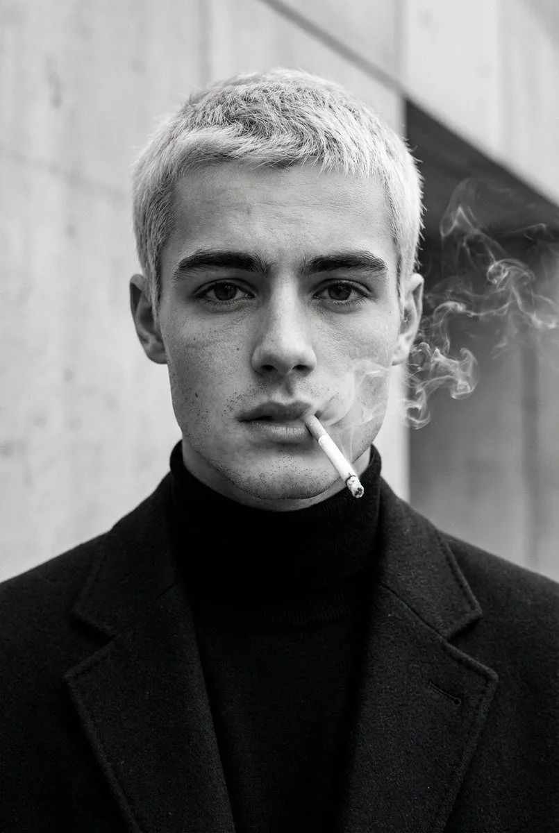 Realistic Man Cigarette Monochrome Portrait