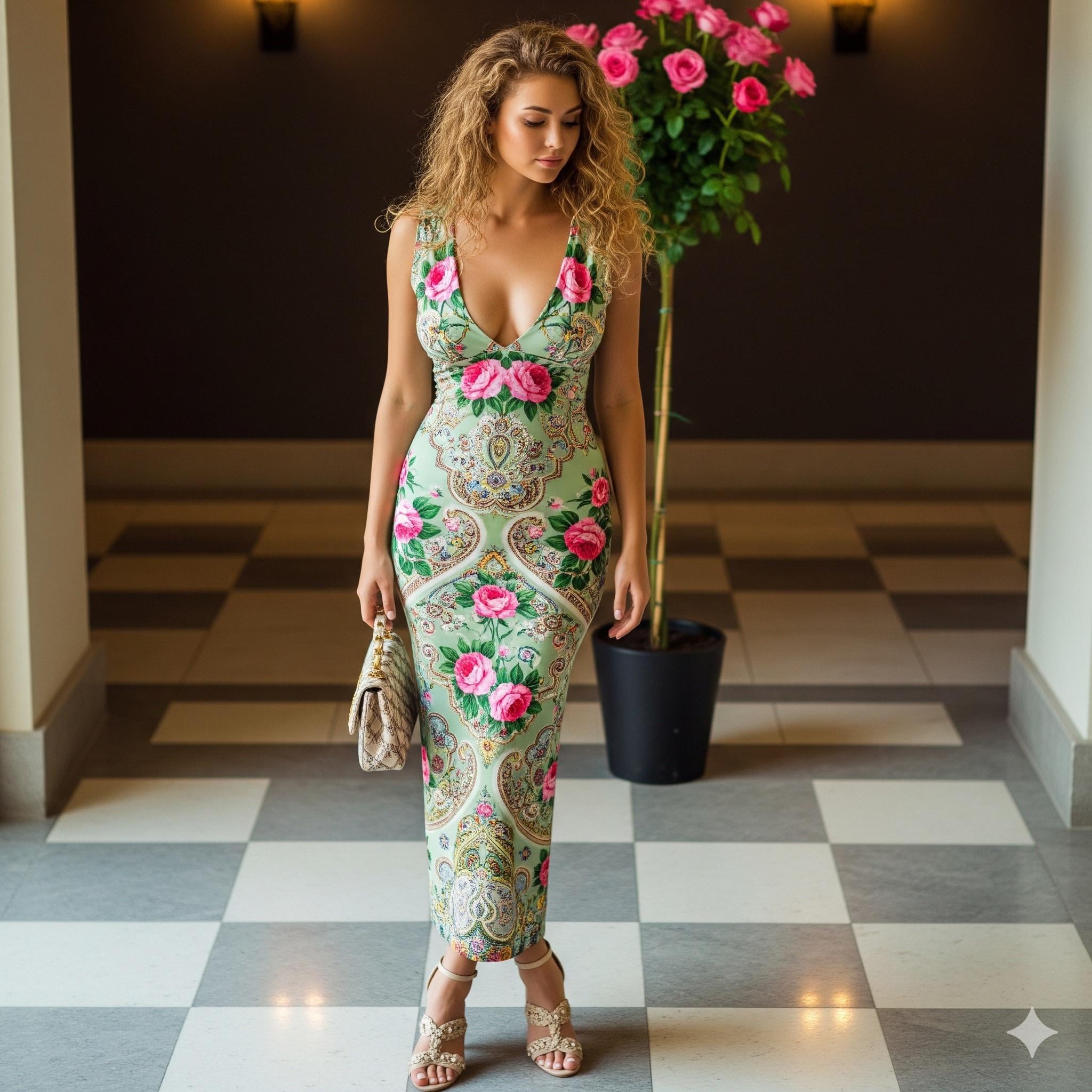 Maxi Dress Floral Paisley Corridor Rose Tree Handbag