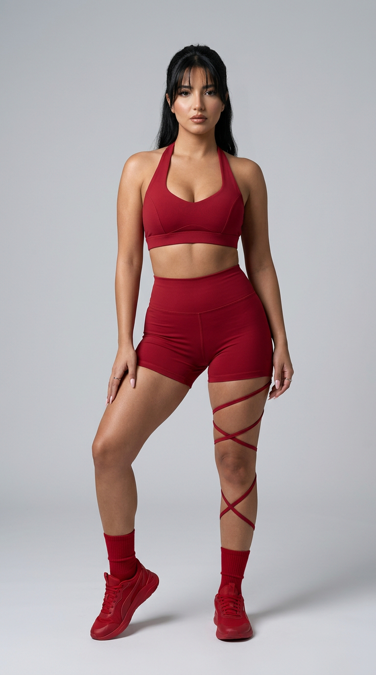 Red Sports Bra Shorts Studio Shot Athletic Pose