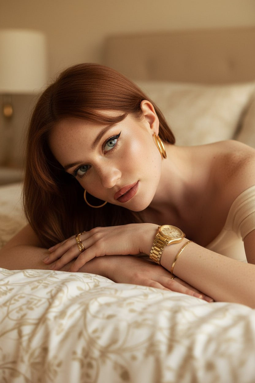 Close-up portrait of a woman on her stomach, showcasing a soft gaze and striking winged eyeliner, adorned with gold jewelry in a warm bedroom.