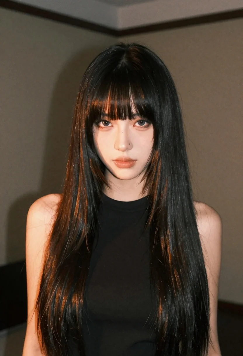 Portrait Young Woman With Long Straight Dark Hair And Blunt reference photo