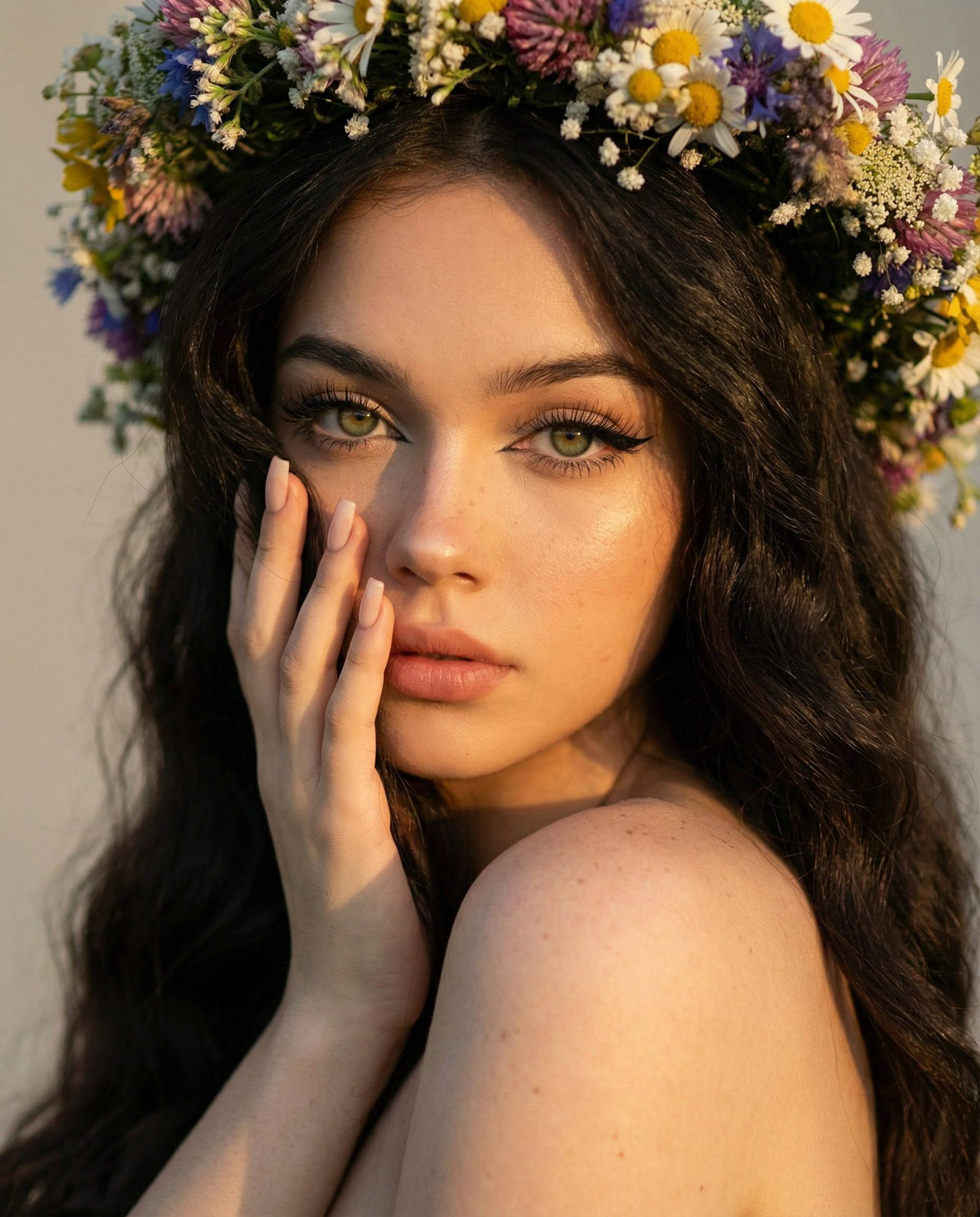 A close-up flower portrait featuring a woman in golden hour light with wildflowers, expressive eyes, and soft freckles.