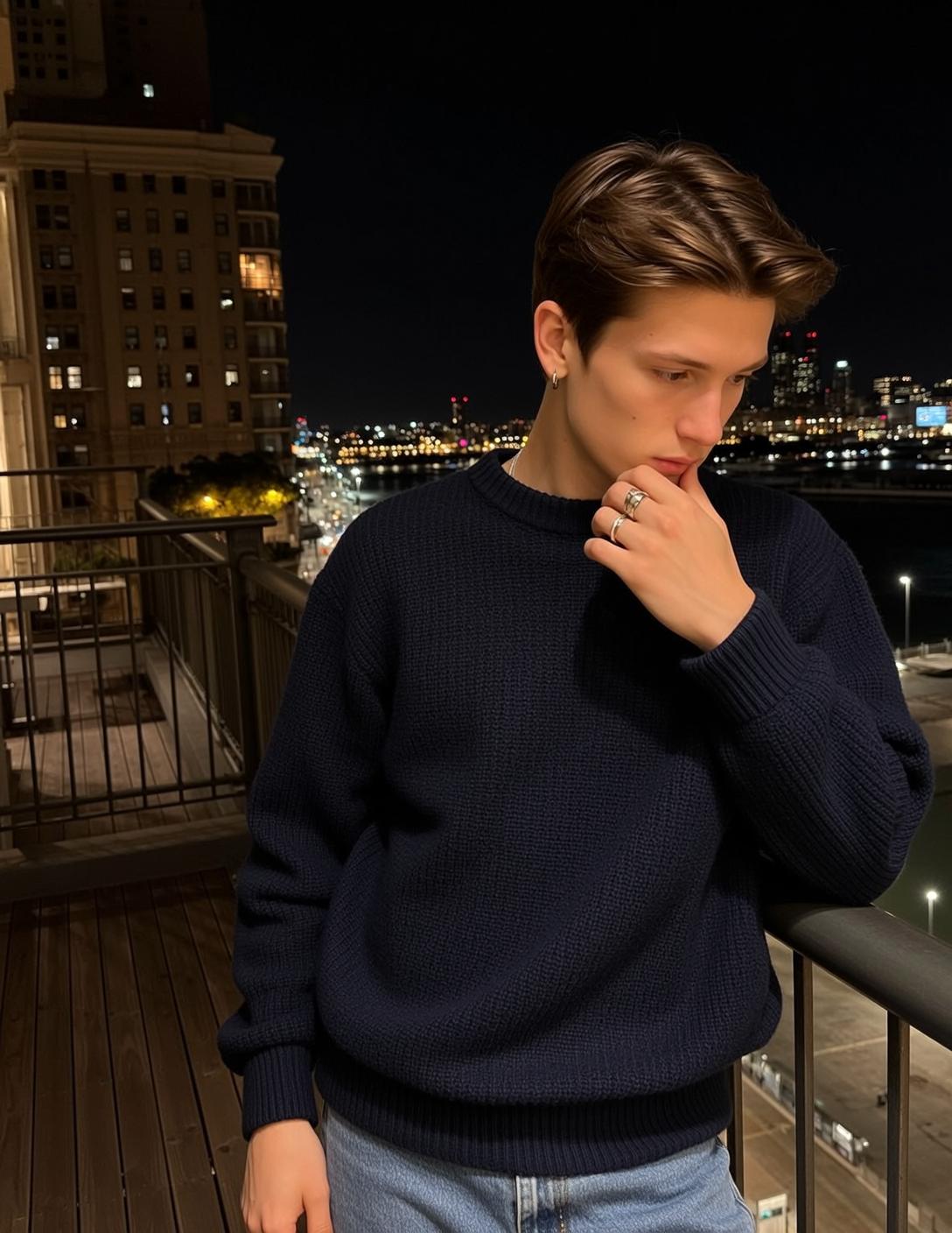 Navy Sweater Balcony Night