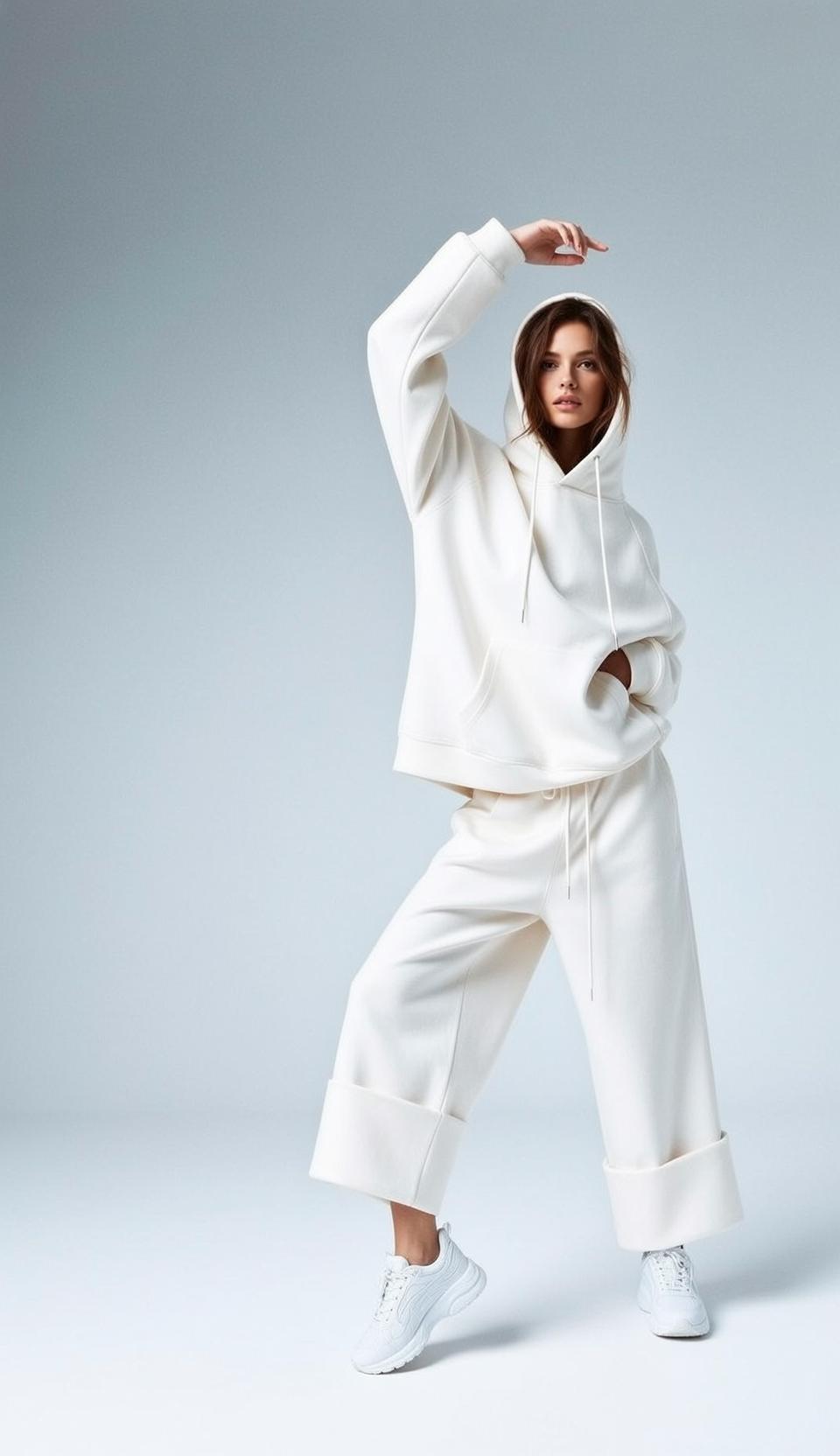 White Hoodie White Wide-leg Pants with Cuffed Hems White Floor
