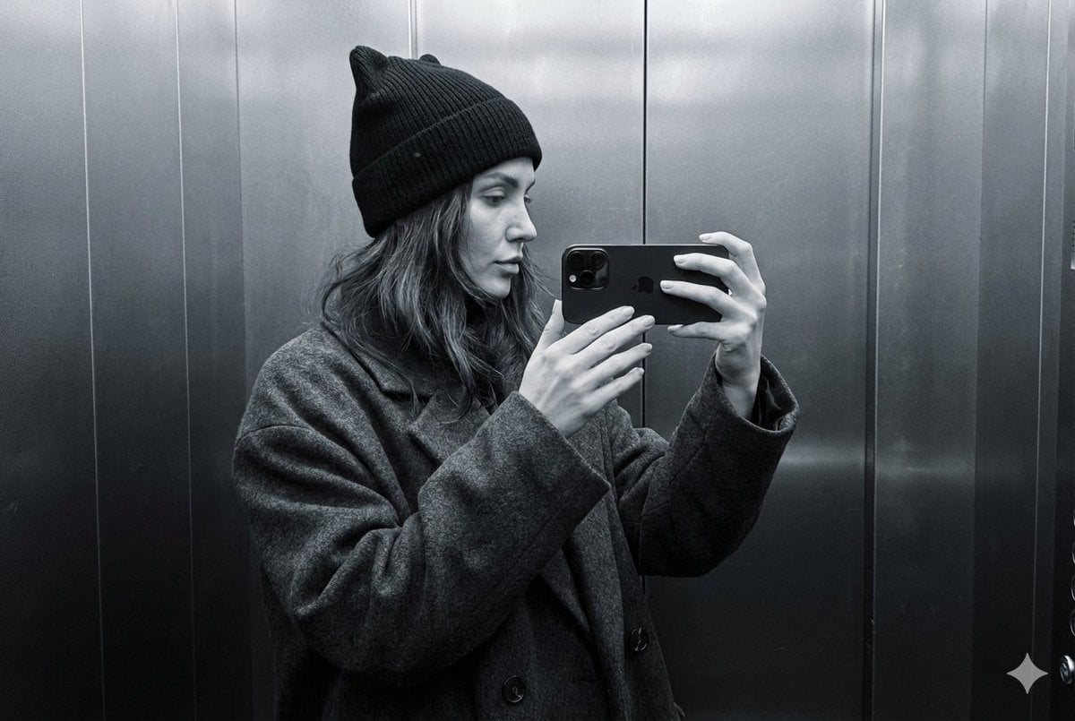 Dark Oversized Coat And Black Knit Hat