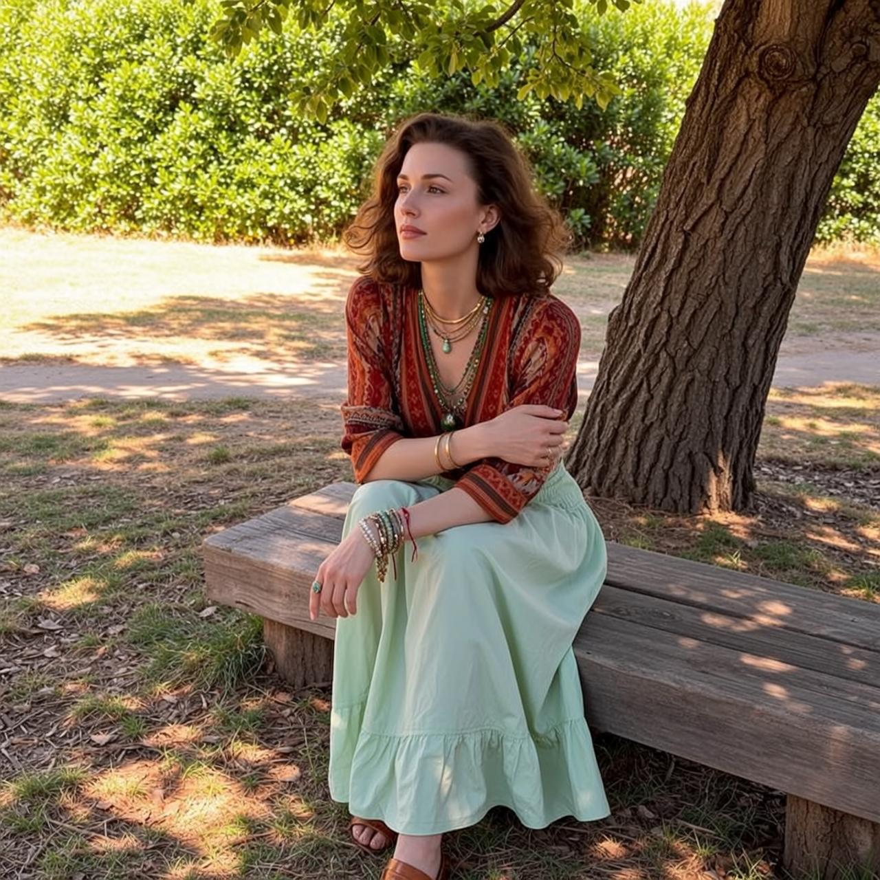 Sitting On Bench Orange Blouse Green Skirt