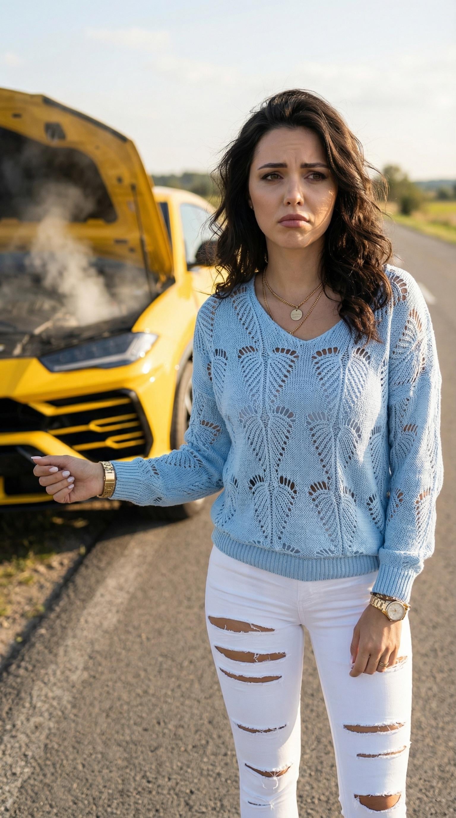 Distressed On Rural Road Yellow Suv Steam