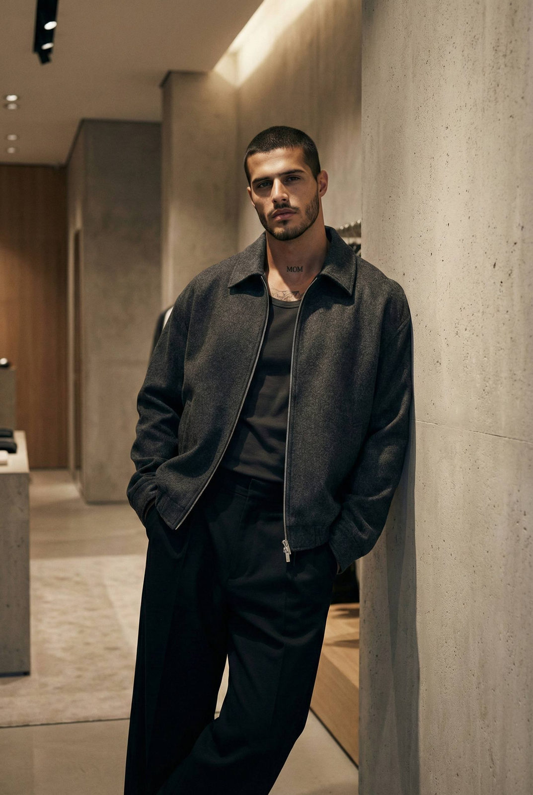 A young man in a dark oversized zip-up jacket and black trousers, relaxed against a contemporary fashion store wall, warm lighting.