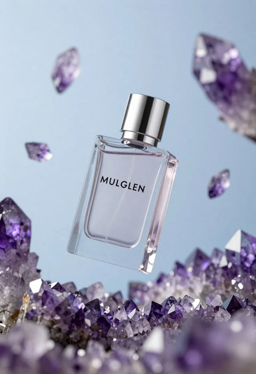 Floating Transparent Glass Perfume Bottle With Silver Cap Surrounded Suspended