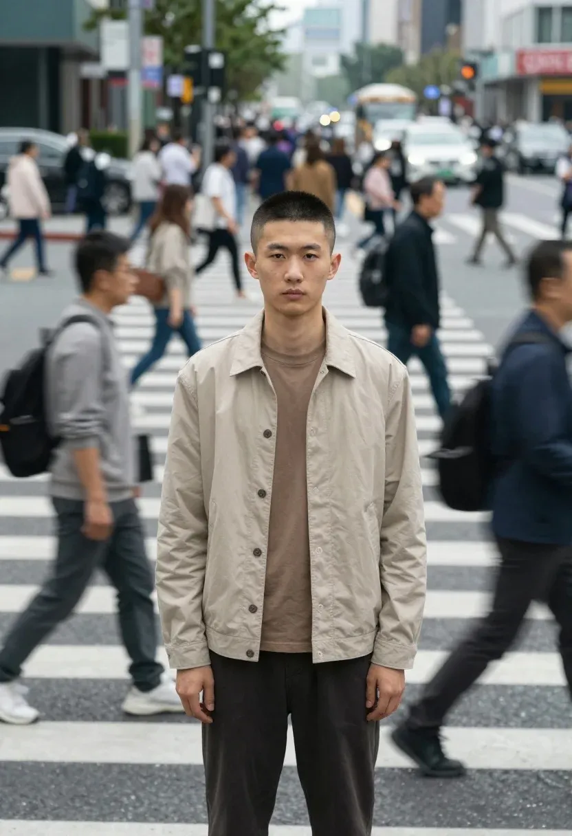 Sharp-faced Young Man Stands Perfectly Still The Center Busy City