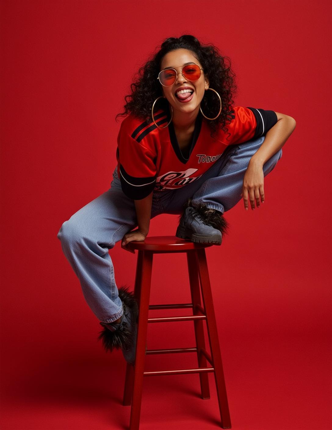 Red Jersey Stool Playful Pose