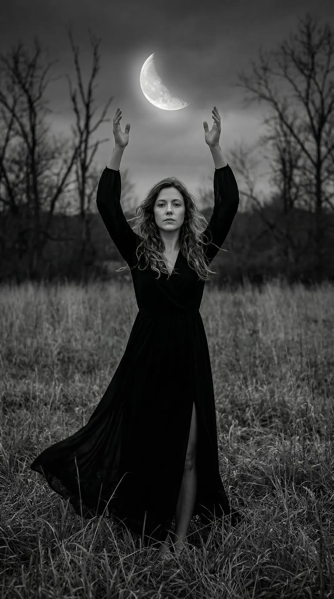 Field Crescent Moon Dramatic Sky Pose