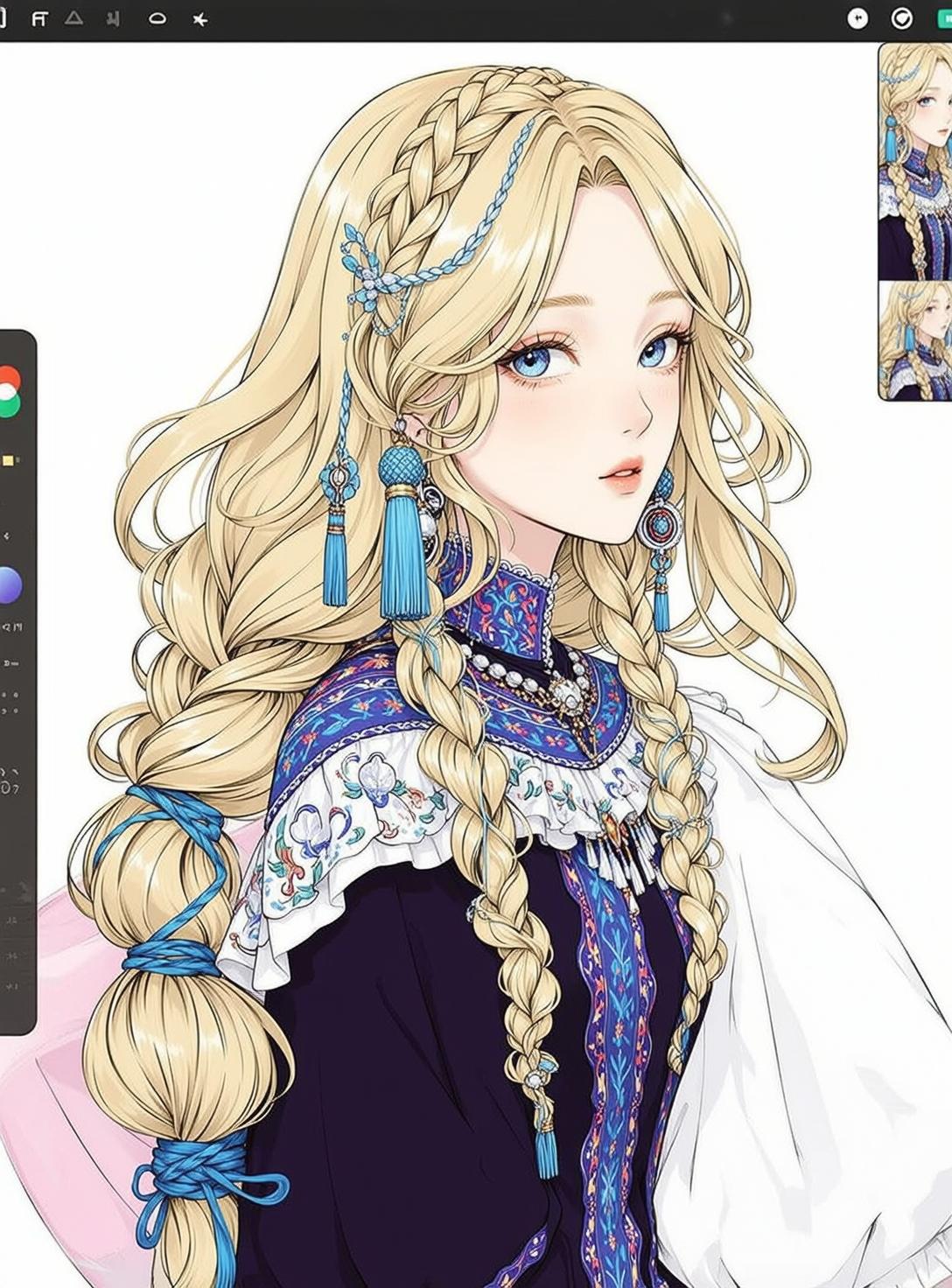Blonde Woman Blue Dress Gold Necklaces Tassel Earrings