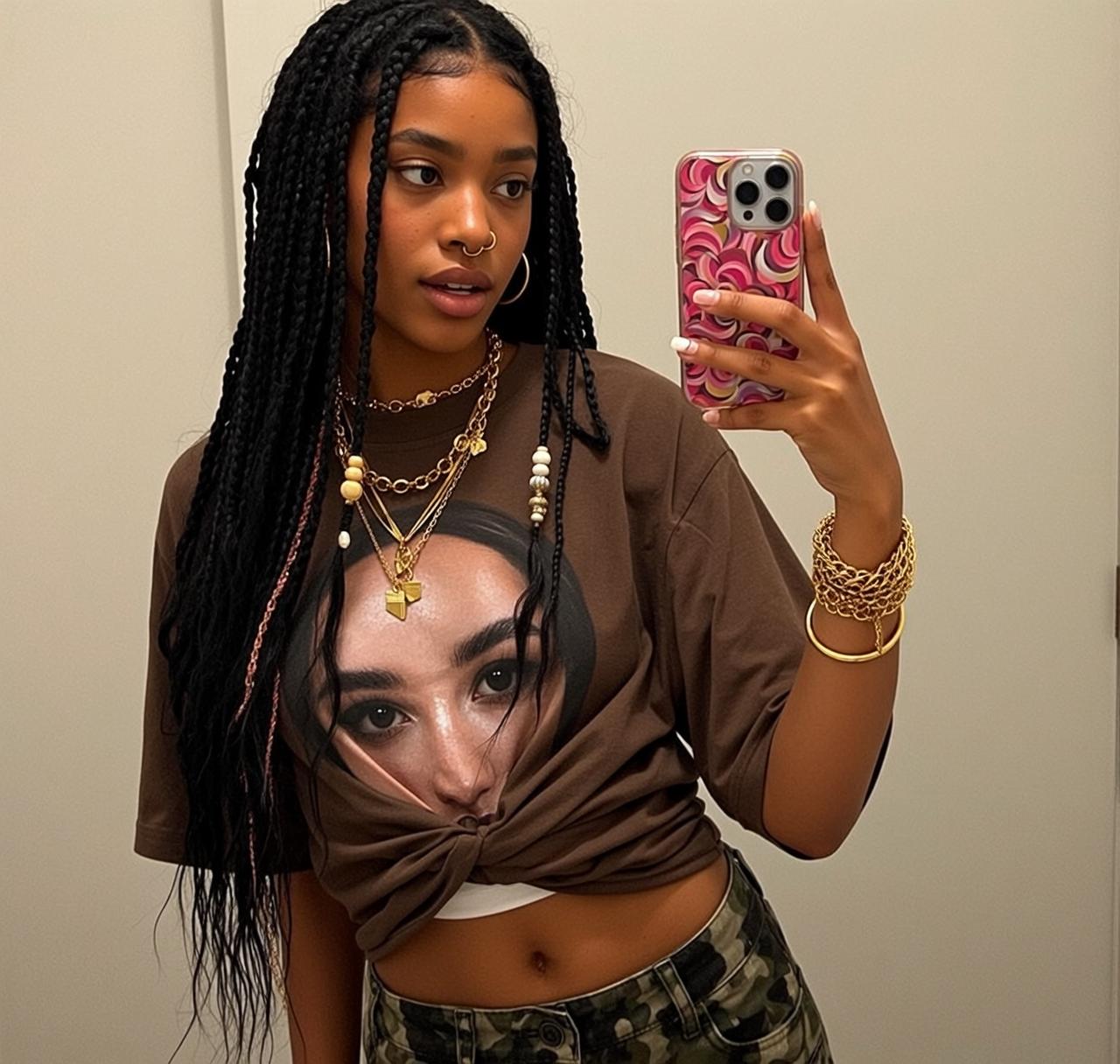 Box Braids Pink Streaks Graphic Tee Camo Pants