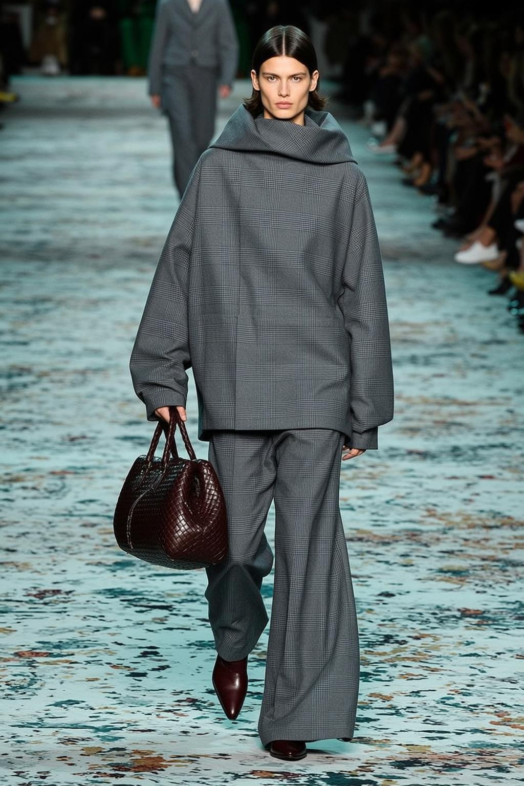 Runway Model Grey Plaid Outfit Red Leather Bag