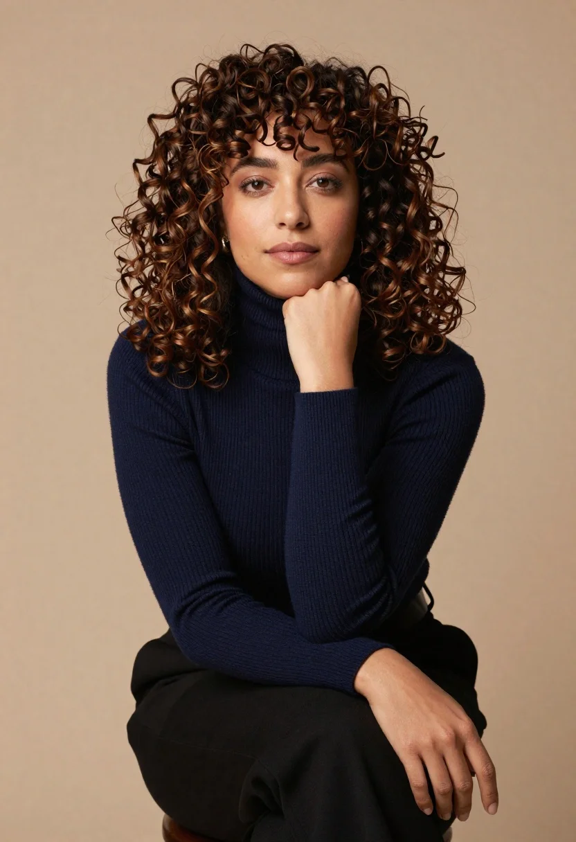 Studio Portrait Woman With Voluminous Curly Brown Hair And Soft reference photo
