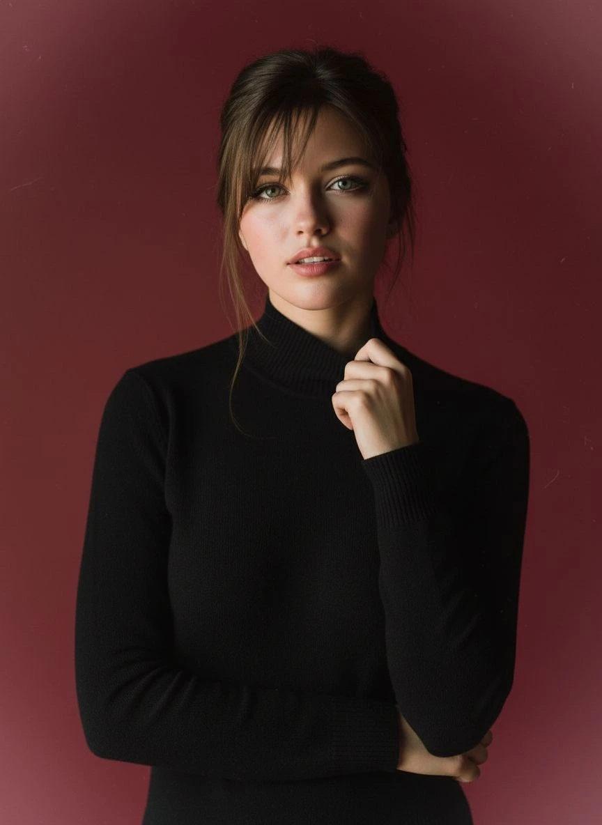 A photorealistic chest-up portrait of a person in a black high-neck sweater under warm lighting with a dark red background.