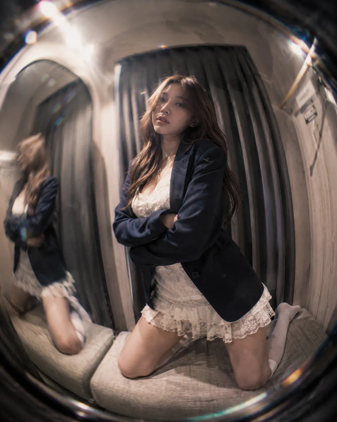 Fisheye Fitting Room Woman In Lace Dress Blazer