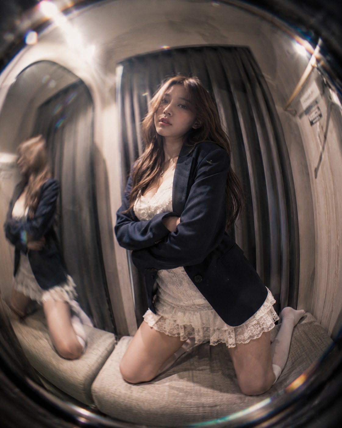 Fisheye Fitting Room Woman In Lace Dress Blazer