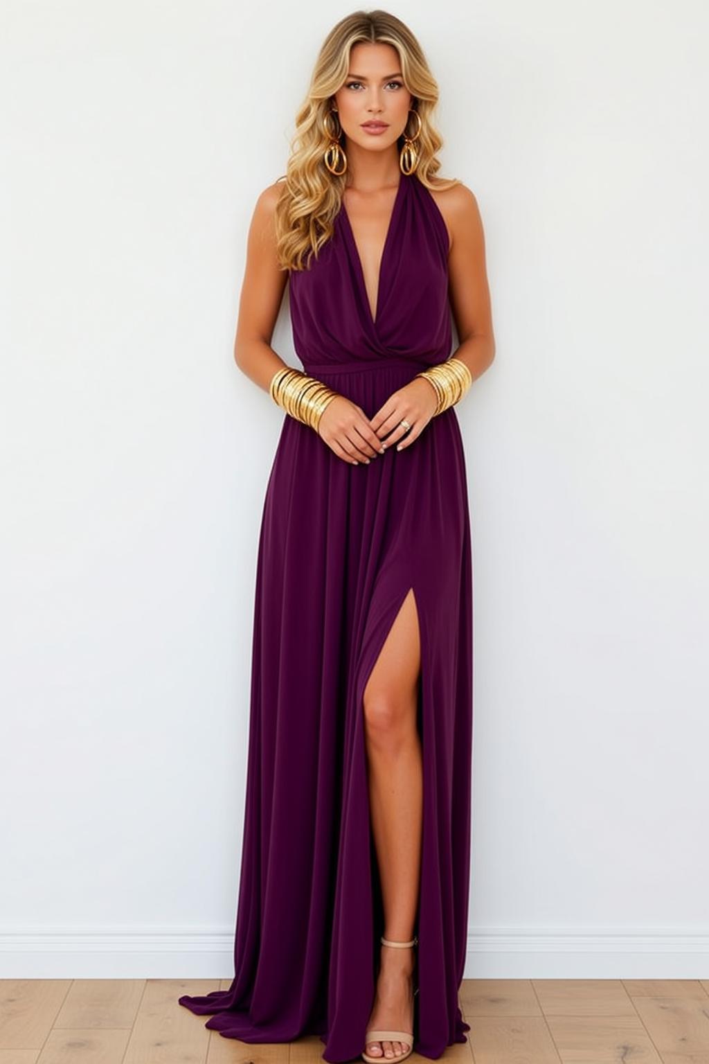 Luxury Blonde Wavy Fair Deep V-neck Halter