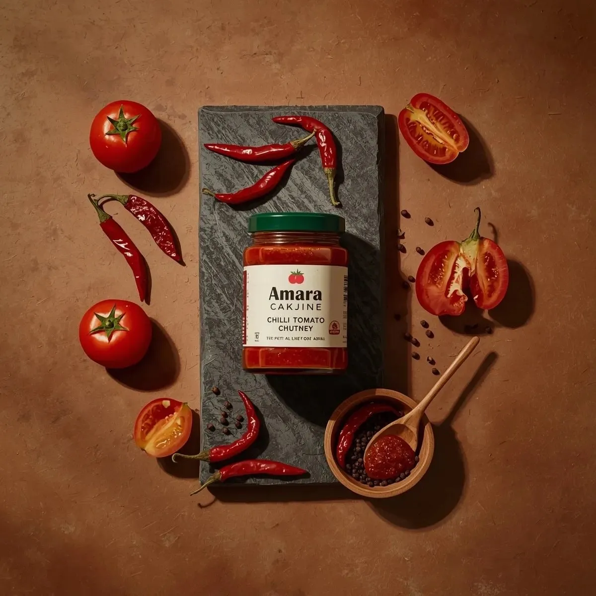 Chili Tomato Chutney Food Photography Dark Stone Slab