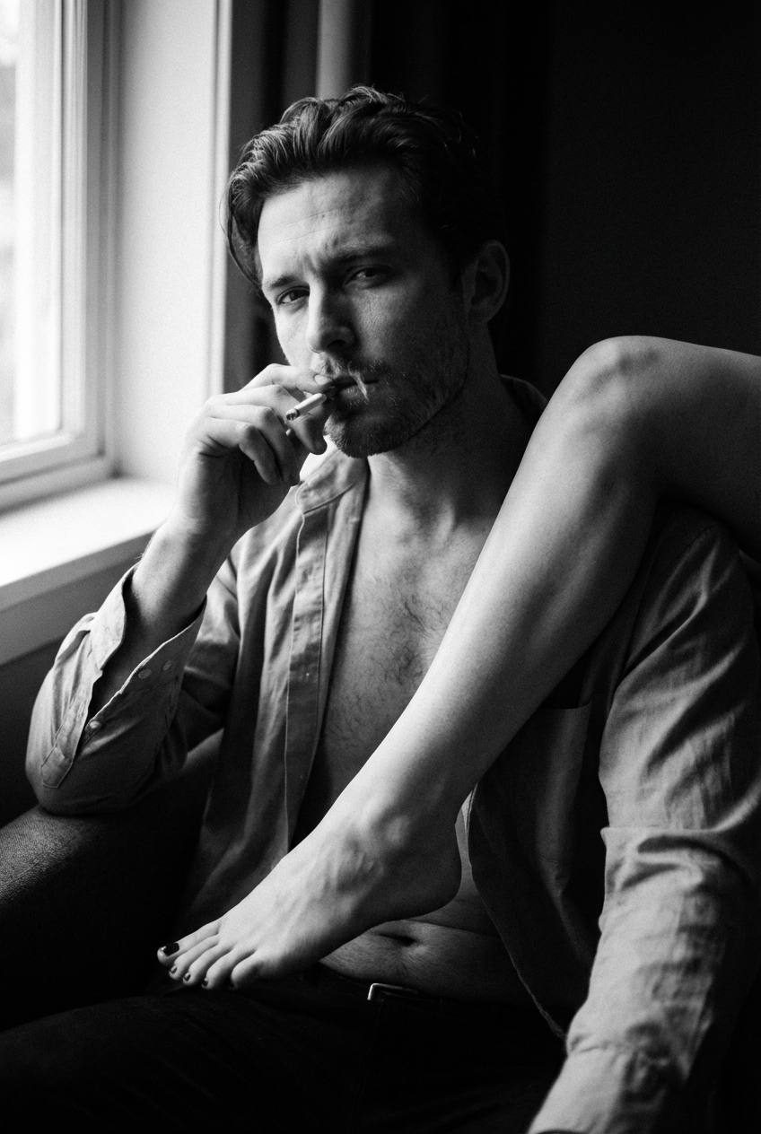 Close-up monochrome portrait featuring a person with light stubble, cigarette in hand, and a leg with dark nail polish resting on shoulder.