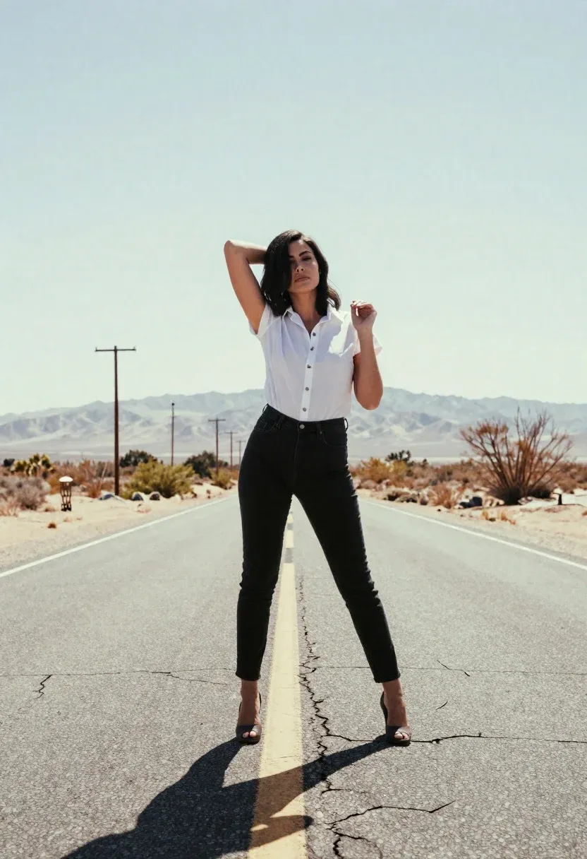 Woman Stands The Middle Cracked Asphalt Road Under Bright Sky