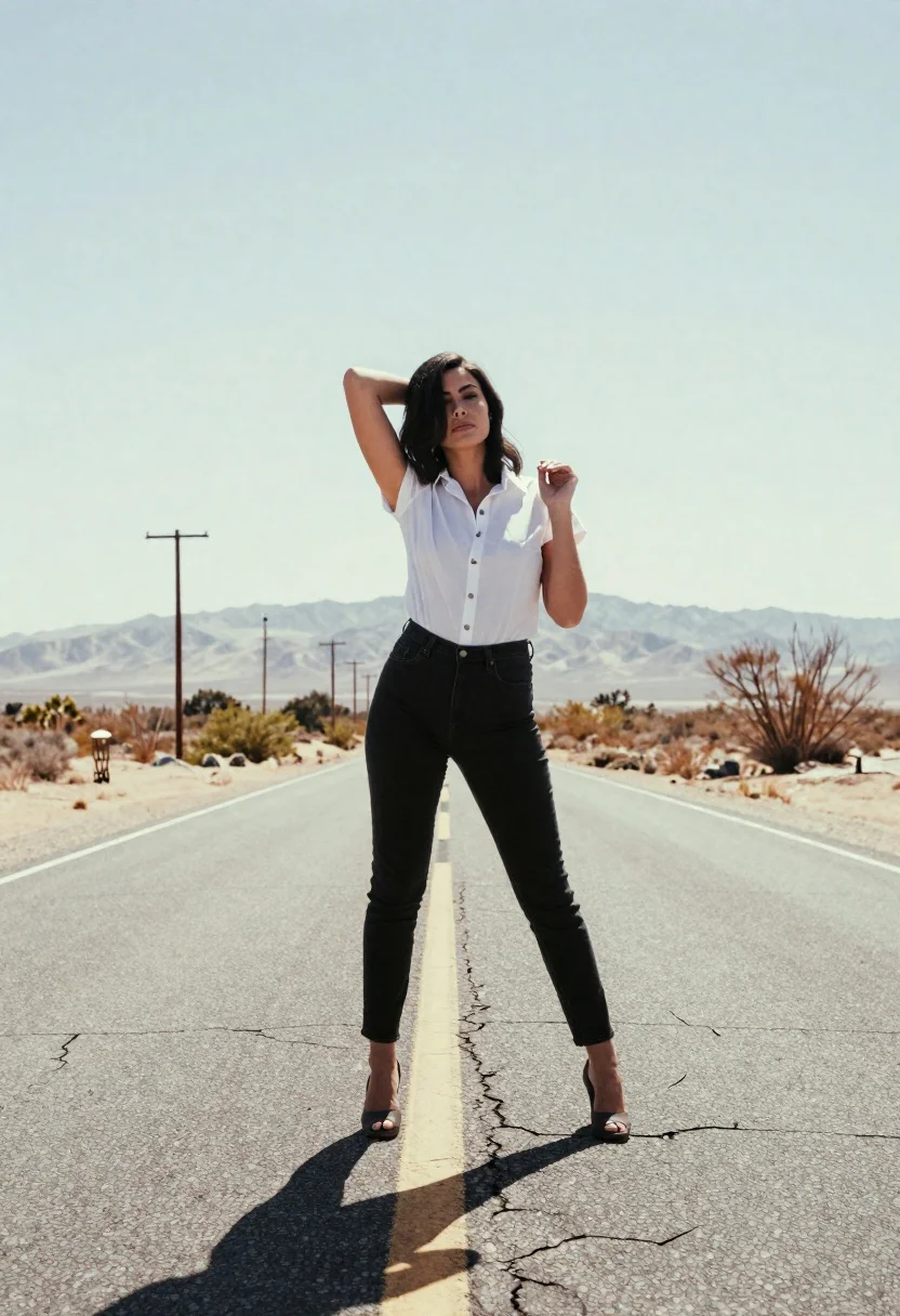 Woman Stands The Middle Cracked Asphalt Road Under Bright Sky reference photo