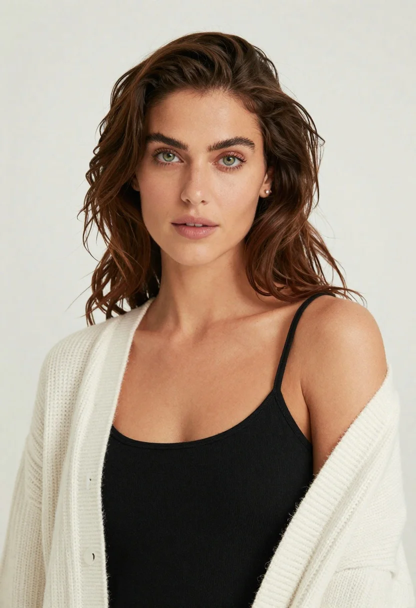 Soft-focus Studio Portrait Woman Looking Directly The Camera Against Plain reference photo