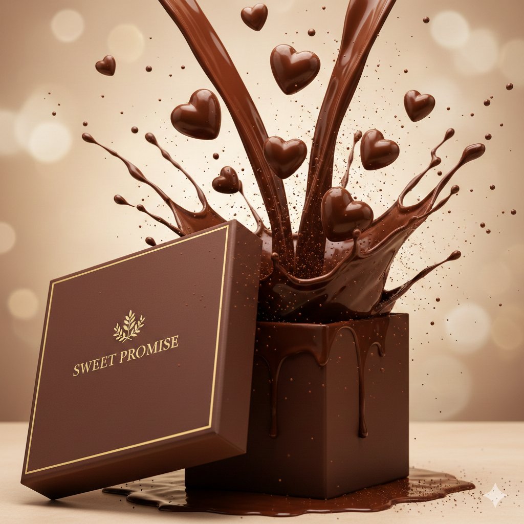 Close-up of glossy heart-shaped chocolates surrounded by molten chocolate, highlighted by a golden mist.
