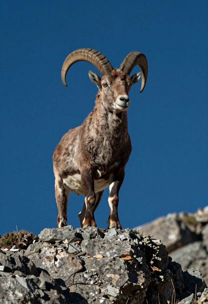 Majestic Mountain Goat Stands Atop Rugged Rock Formation Against Deep