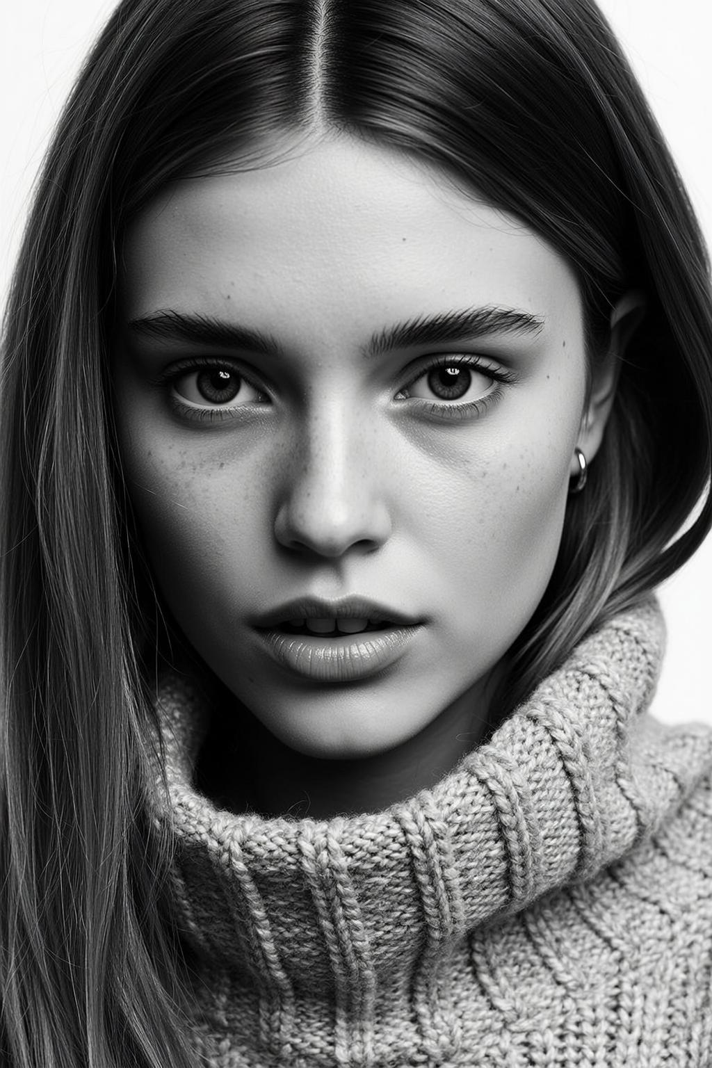 Black And White Close-up Headshot Portrait Young Woman With Neutral