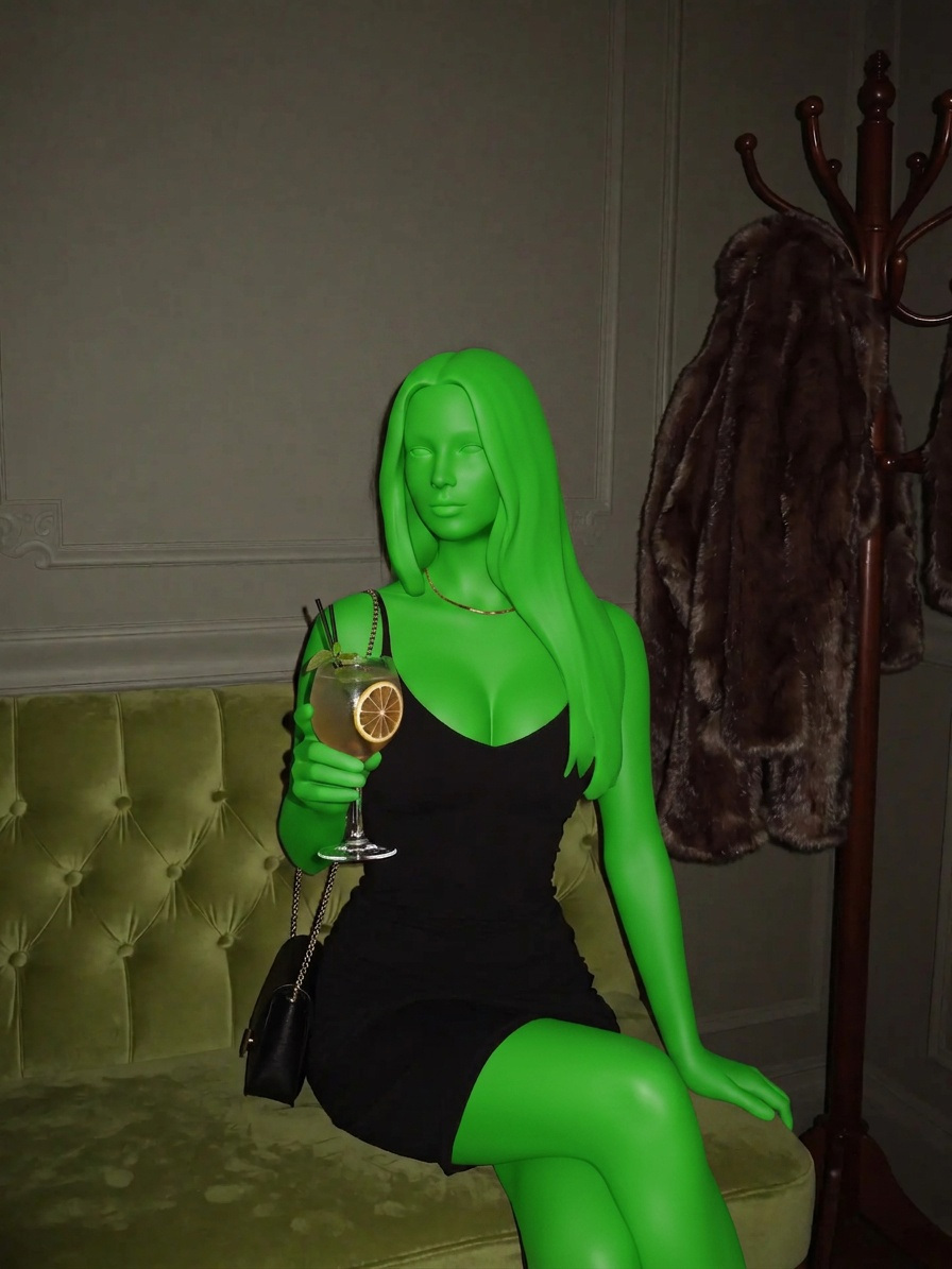 Template for Black Mini Dress On Green Sofa Cocktail