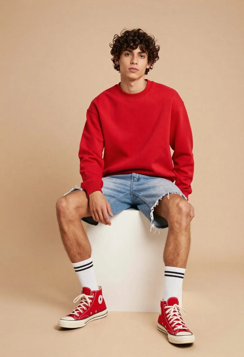 A young man with curly dark hair casually sits on a white cube, illuminated by soft studio lighting.