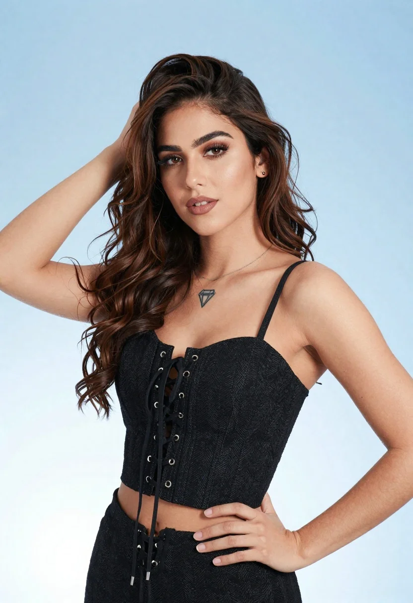 Confident Young Woman With Long Dark Hair And Diamond Tattoo reference photo