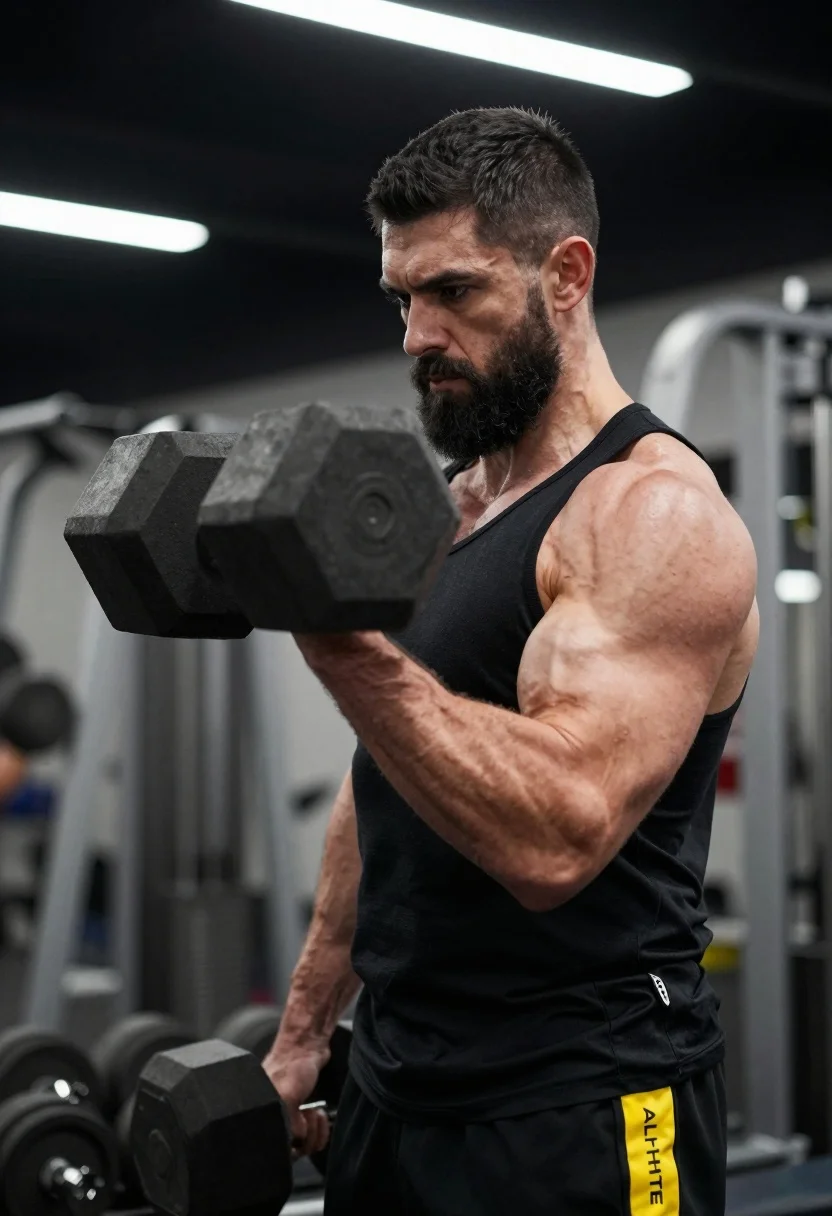A muscular man with a beard executing a bicep curl with a heavy dumbbell in a bright gym environment.